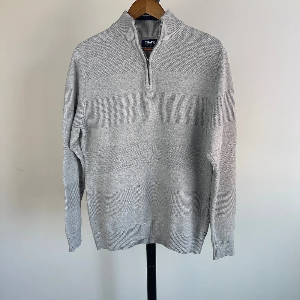 Chaps Mens Quarter Zip Sweater Gray Mixed Knit Striped Pullover Size M